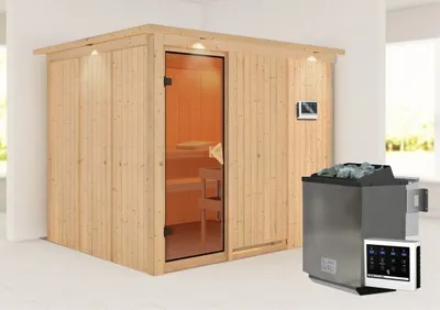 Produktbild von Karibu Sauna Innensauna Gobin Fronteinstieg Ofen 9 kW  externe Strg easy 245x210x202 cm mit Dachkranz mit Bronzierte Tür