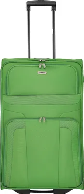 A green suitcase with a retractable handle against a white background.