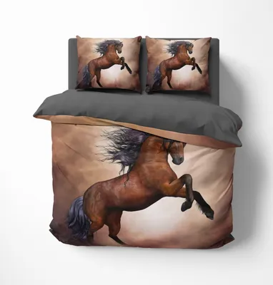 A bedding set with a horse graphic, displayed on a bed.