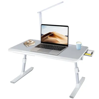 Image de Support de table pour ordinateur portable Bureau pliable Table pour ordinateur portable avec lampe, tiroir Table d'appoint réglable en hauteur Gris