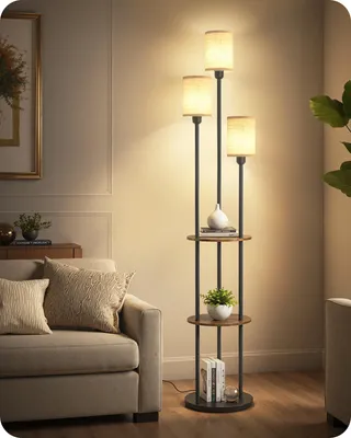 Zdjęcie produktu dla Vintage lampa podłogowa z półką i 3 lampami - styl boho do salonu i sypialni