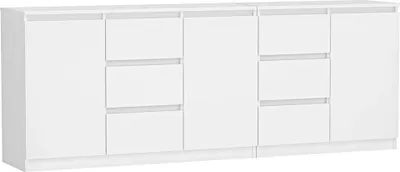 A white sideboard or dresser with multiple drawers and doors, set against a plain white background.