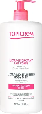 A white bottle of Topicrem Ultra-Moisturizing Body Milk with a pink pump dispenser.