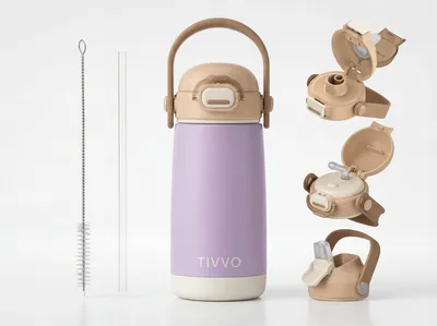 Produktbild von TIVVO Kinder Trinkflasche Edelstahl 420ml – Thermo Flasche mit 3 Verschlüssen, Auslaufsicher & BPA-Frei, Lila