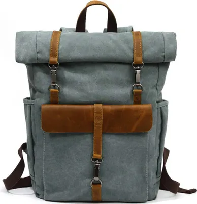 Produktbild von MORGNTAU Vintage-Rucksack "Ukiyo" - Canvas-Stoff/ Leder, Rolltop, 18l, Laptopfach, uvm. – Blau