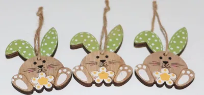 Produktbild von 3er Set Holz Osterhasen zum Hängen ca. 6,5 cm grüne Ohren