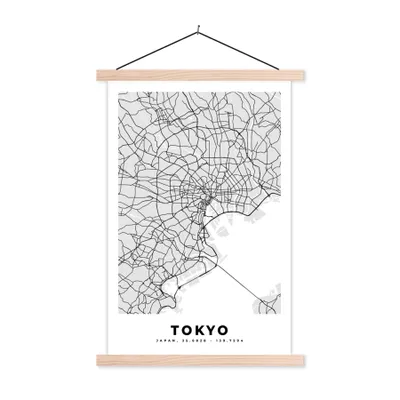 Produktbild von MuchoWow® Textilposter Tokio - Stadtplan - Schwarz und weiß - Karte 60x90 cm mit holzfarbenen Rahmen - Textil
