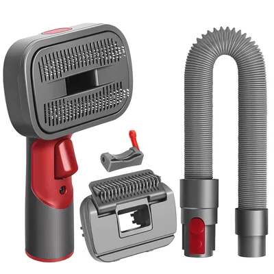 A set of grooming tools for pets, including a vacuum attachment for hair and brushes.