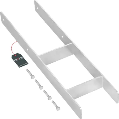 A metal H-post bracket with four bolts and a tag.
