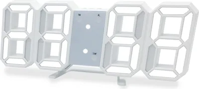 A white digital clock with large LED digits is displayed on a white background.