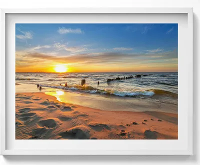 Produktbild von Sonnenaufgang über dem Meer– Wandbild mit Rahmen – Gerahmtes Bild  – Wanddekoration – 80x60 cm –  Weiß Rahmen