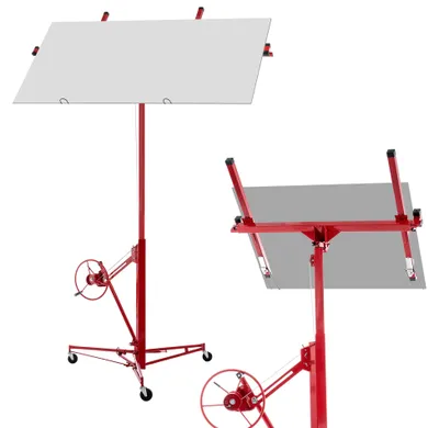 Productafbeelding van Gipsplaatlift voor droogbouw/plafond, max. 68 kg, 140-350 cm, 60° hellingshoek, inklapbaar, met 3 remwielen. Rood