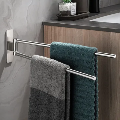 Image de Porte-serviettes pivotant à 2 bras, sans perçage, en acier inoxydable 304 brossé, porte-serviettes mural autocollant argenté, fixation murale, pour salle de bains et cuisine