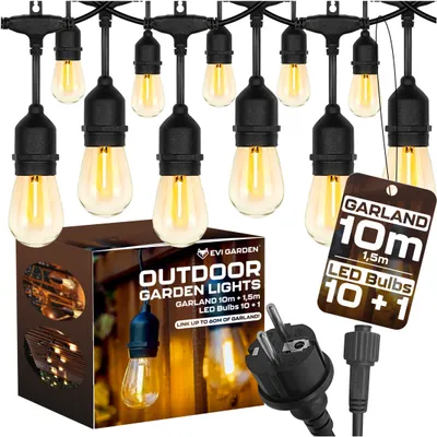 Zdjęcie produktu dla GIRLANDA ŚWIETLNA OGRODOWA Zewnętrzna 10M Żarówki 10+1 LED Lampki do 60m