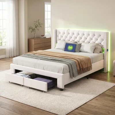 Zdjęcie produktu dla Łóżko podwójne INONEFT, 140 x 190 cm, beżowe, obite welurem, z listwą LED i ozdobnymi nitami, z portem USB i 2 szufladami, bez materaca