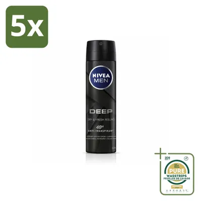 Imagen del producto de 5 unidades de NIVEA MEN DEEP, antitranspirante en spray, fórmula Black Carbon, 150 ml, pack ahorro