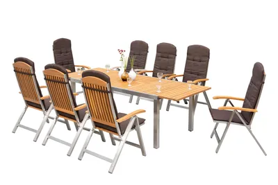 Produktbild von Merxx Gartenmöbelset Keros 17tlg., 8 Klappsessel, 8 Auflagen, 1 Ausziehtisch 180 (240) x 100 cm - Edelstahl/Akazie