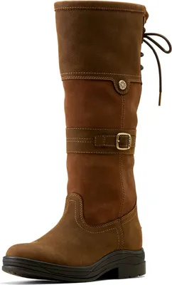 A single brown leather boot against a white background.