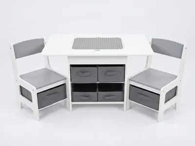 Imagen del producto de Conjunto de mesa y 2 sillas 3 en 1, color gris, con superficie reversible para bloques de construcción, y 7 compartimentos de almacenamiento