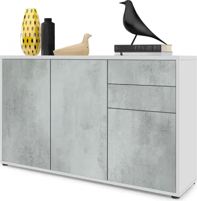 Produktbild von Vladon Sideboard Ben V3, Kommode mit 3 Türen und 2 Schubladen, Weiß matt/Beton Oxid-Optik (117 x 74 x 36 cm)