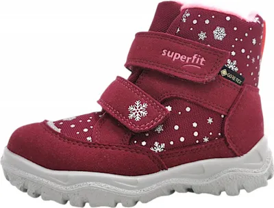 A single burgundy winter boot with white snowflake patterns and pink lining, shown from the side against a white background.