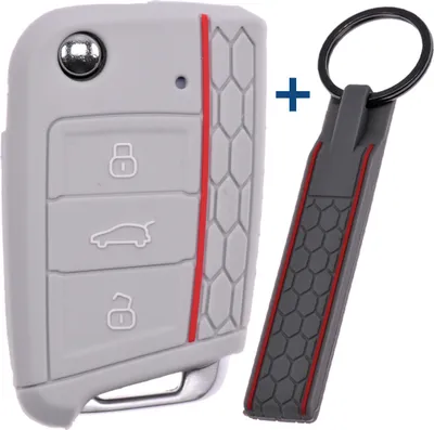 Produktbild von Auto Schlüssel Silikon Schutz Hülle + Schlüsselband im Wabe Design Grau kompatibel mit VW SEAT Skoda Golf 7 Leon Octavia 3 Tasten Klappschlüssel
