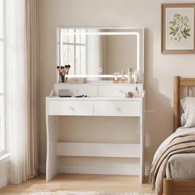 Produktbild von Schminktisch mit LED Spiegel 86x46 cm, Steckdosenleiste & 4 Schubladen - 3 Lichtfarben dimmbar, MDF Weiß 90x40x135 cm