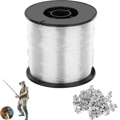 Produktbild von Angelschnur Nylon - 0,8 mm x 200 m - transparente Angelschnur - mit 120 Aluminium-Quetschhülsen - Nylonfaden - für Angeln, Schmuckherstellung, Basteln