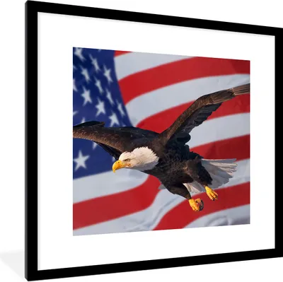 Produktbild von MuchoWow® Gerahmtes Poster Amerikanischer Weißkopfseeadler vor der amerikanischen Flagge 40x40 cm - Poster mit Schwarzem Bilderrahmen Wandposter Rahmen Foto Bilder - Poster - Plakat im Rahmen