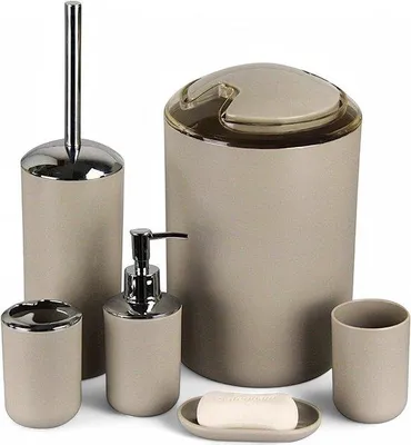 Produktbild von Badkamer Accessoire Set 6-teilig, beige, inkl. Seifenabguss, WC-Bürste, Mülleimer, Schüssel & Zahnputzhalter