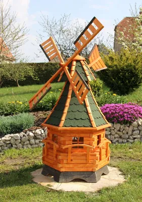 Produktbild von 1,35 m große Windmühle, Windmühlen wetterfest aus Holz mit Solarbeleuchtung grün Typ 12