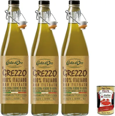 Produktbild von Costa d'Oro Il Grezzo Olio extra vergione di oliva, Extra Natives Olivenöl - Ungefiltertes & Kaltgepresstes 3x 750ml + Italian Gourmet polpa 400g