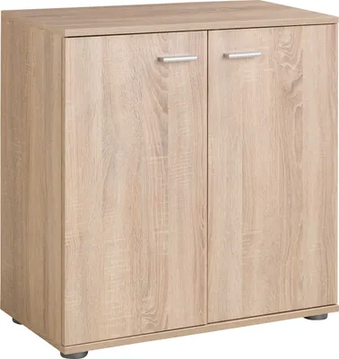 A light brown wooden cabinet with two doors and silver handles, standing on small gray feet.
