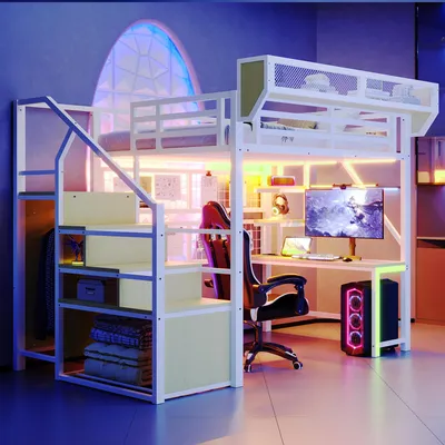 Image de Lit mezzanine en métal 140x200 cm avec bureau, étagère, escalier de rangement, éclairage LED, prises et barrière de sécurité, lit enfant gain de place, blanc