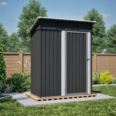 Zdjęcie produktu dla Domek ogrodowy o wymiarach 152 × 84 × 182 cm, metalowa szopka z drzwiami zamykanymi na klucz, oferująca 1,27 m² przestrzeni do przechowywania, płaski dach, wykonana ze stali w kolorze czarnym