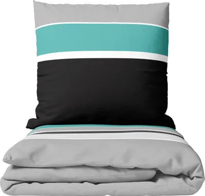 A neatly folded bedding set with a pillow on top, displayed against a white background.