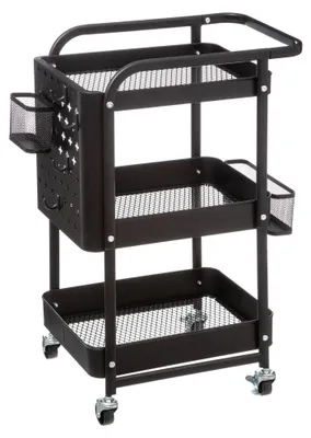 A black three-tiered rolling cart with mesh shelves and side baskets.