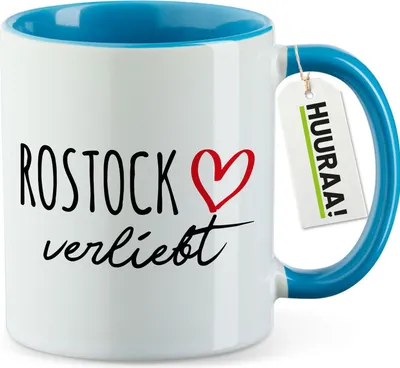 Produktbild von Huuraa Kaffeetasse Rostock verliebt 330ml Blau Keramik Kaffeebecher Geschenkidee
