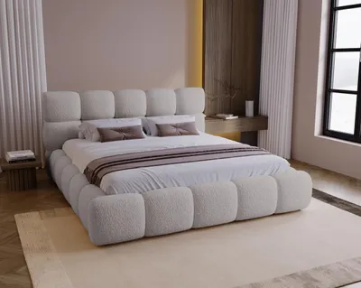 Image de Lit rembourré BESILIO 160 x 200 Bouclé Boston – Lit avec coffre de rangement et sommier à lattes, lit moderne avec espace de rangement en mousse épaisse – Gris clair
