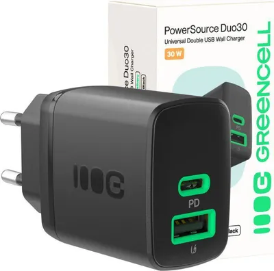 Zdjęcie produktu dla ŁADOWARKA SIECIOWA Greencell PowerSource Duo30 30W 1xUSB-C 1xUSB-A PD 3.0 QC 4.0+ czarna