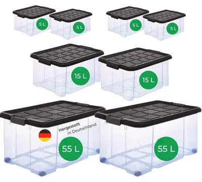 Produktbild von Novaliv 8 tlg Sparset Aufbewahrungsboxen mit Deckel Anthrazit 2x55 L + 2x 15L + 4x 5L Nestbar stapelbar Clipverschluss Rollboxen BPA-frei