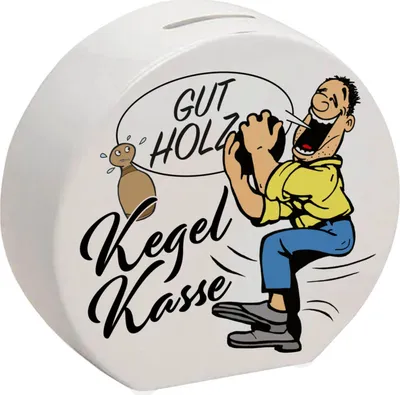 Produktbild von Kegelkasse Spardose Gut Holz in weiß mit lustigem Kegelspieler Motiv