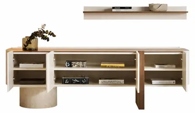 Productafbeelding van Modern tv-meubel met een plankenmodule, afgewerkt in walnootlook en met een geribbeld design