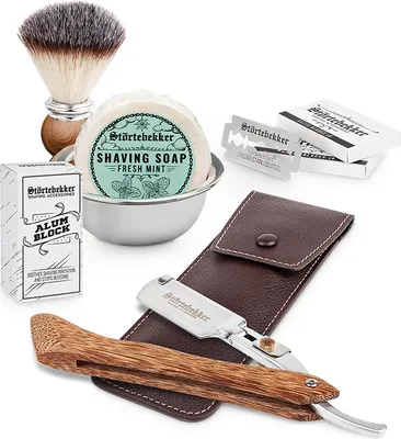 Produktbild von Rasierset - Rasiermesser Holz – Lederetui Café - Fresh Mint