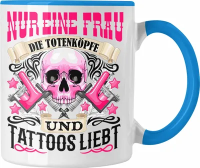 Produktbild von Trendation - Totenköpfe und Tattoos Tasse Frau Geschenk Tattoowierte Frau Tatoo (Blau)