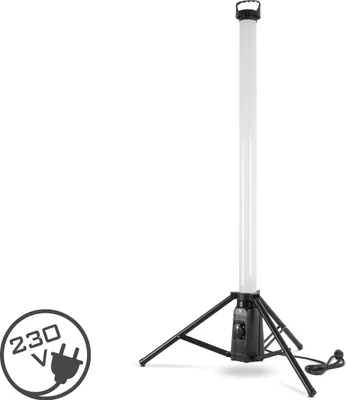A white LED work light with a tripod stand and a power cord, shown against a white background. A circular graphic indicating 230V is in the lower-left corner.