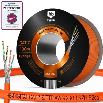 Produktbild von hb-digital CAT 7 Netzwerkkabel 100m PRO S/FTP PiMF AWG23/1 LSZH B2ca GHMT PoE++ Verlegekabel professional