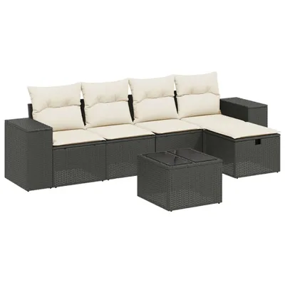 Produktbild von Garten Sofagarnitur 6-teilig, modular, Poly Rattan Schwarz, pulverbeschichteter Stahl, Hartglas-Tisch, UV-beständig, Kissen Cremeweiß