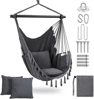 Produktbild von Hängesessel, Hängestuhl, Hängeschaukel, mit 2 Kissen, bis 200 kg, Boho Fransen Sessel, Sitzsack, Schaukel für Outdoor, Garten, Balkon, Zuhause