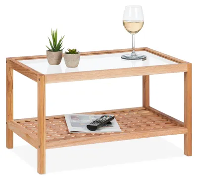 Beistelltisch mit Glasplatte und Walnussholz-Ablage, 35x60x40 cm